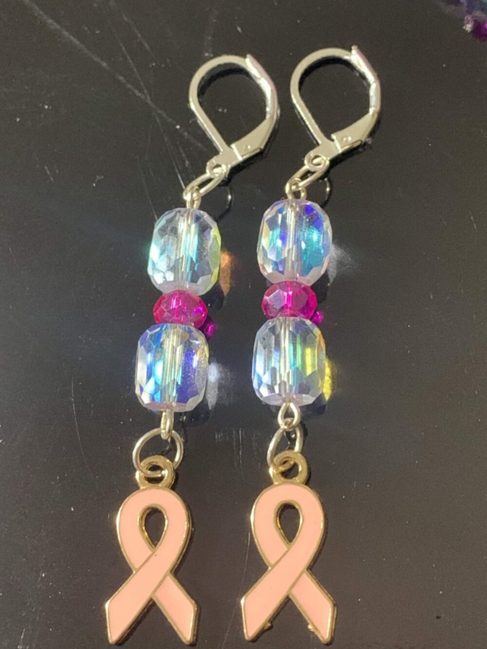 Handmade 'Breast Cancer Awareness' glass beaded coil bracelet and earrings set - Picture 5 of 5